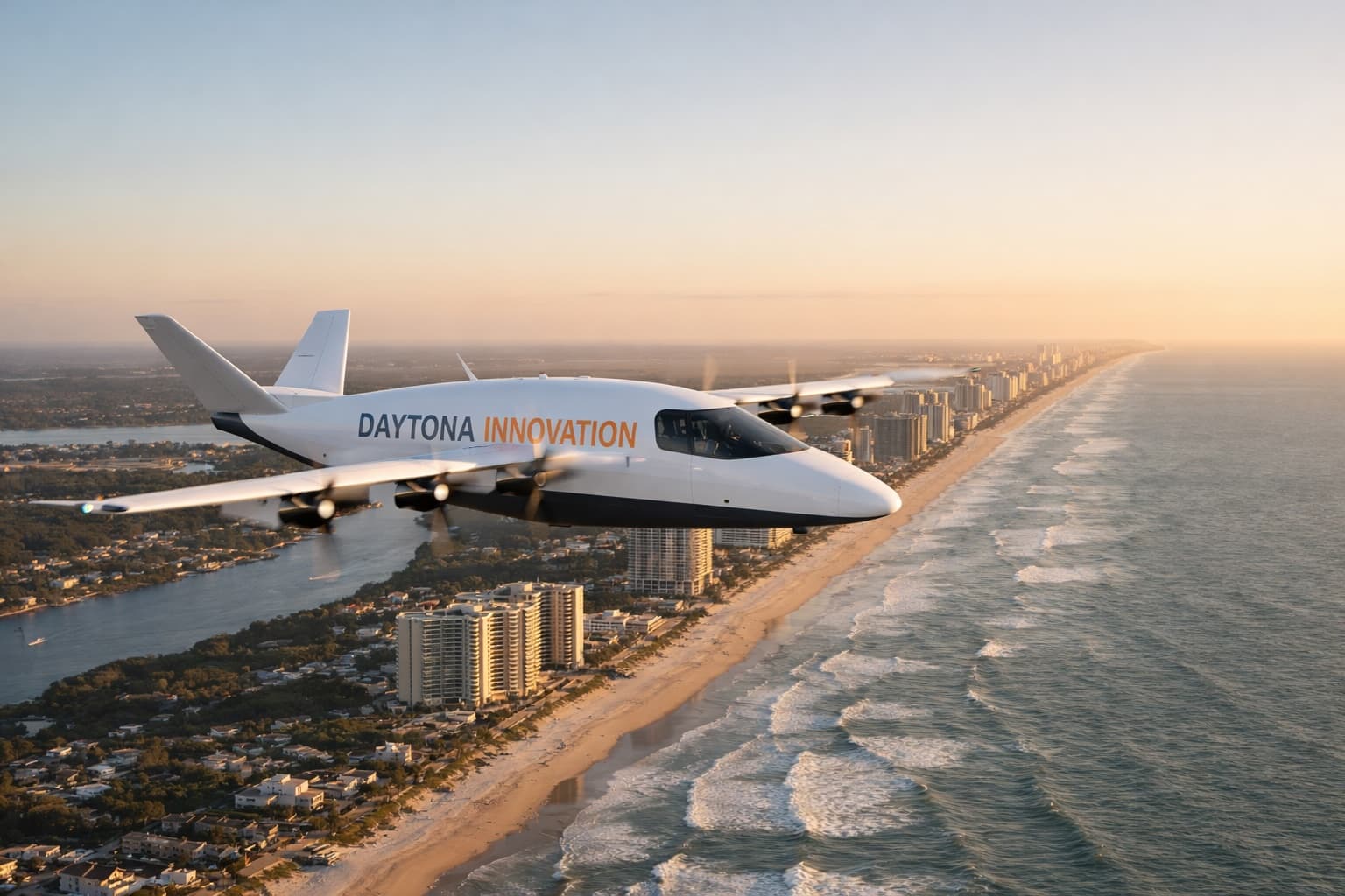 Daytona Innovation eVTOL aircraft flying over Daytona Beach coastline